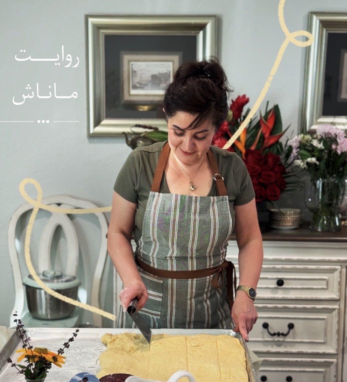 Saeedeh cutting dough at her kitchen table